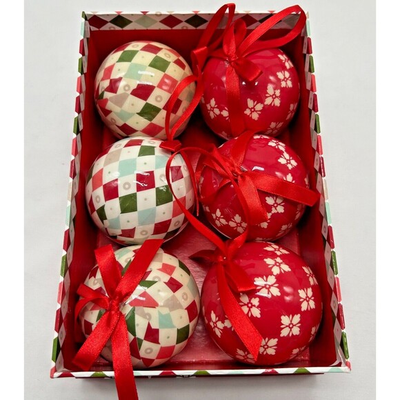 SET OF 6 Tag Ltd 3" Glossy Ball Ornaments- Red Floral & Harlequin/Argyle w Box - Picture 1 of 10